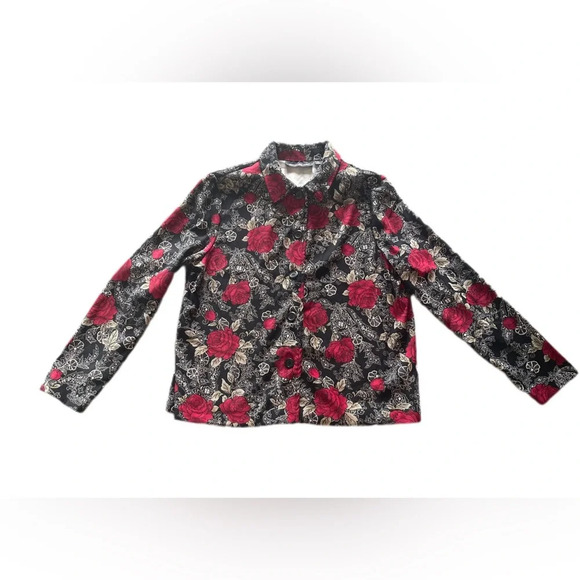 Briggs New York Black Floral Print Faux Suede Button Down Jacket Women’s Large - Picture 3 of 12